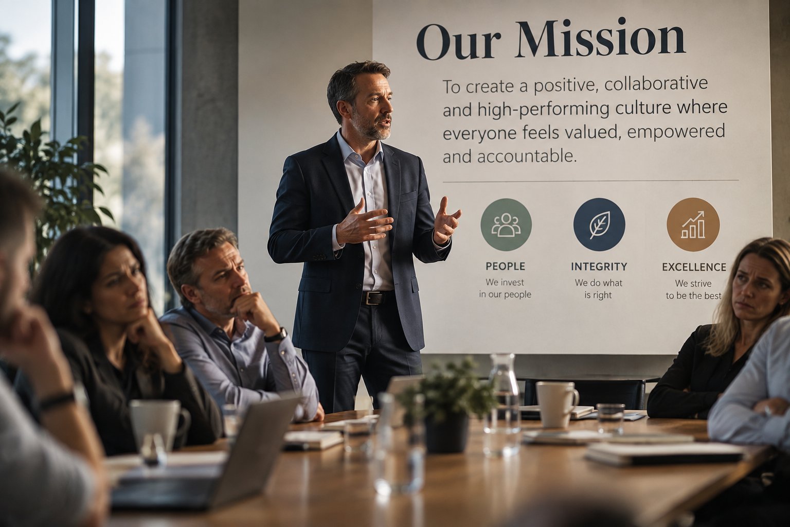 A leader presents a mission statement to his leadership team, several of whom look unconvinced